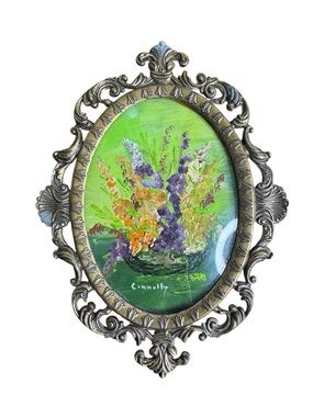 Vintage Small Floral Oil Painting Oval Wall Art - Ornate Brass Frame AS IS